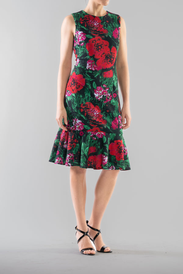 Julia Jordan DONNA RICCO - SLEEVELESS SCOOP NECK RUFFLE HEM DRESS RED GREEN