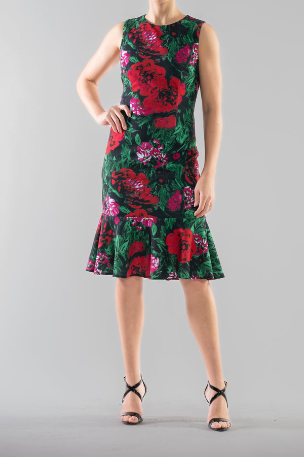 julia jordan DONNA RICCO - SLEEVELESS SCOOP NECK RUFFLE HEM DRESS RED GREEN