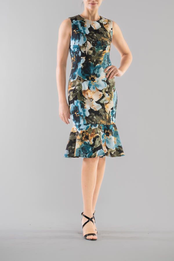 julia jordan DONNA RICCO - SLEEVELESS SCOOP NECK RUFFLE HEM DRESS BLUE GREEN