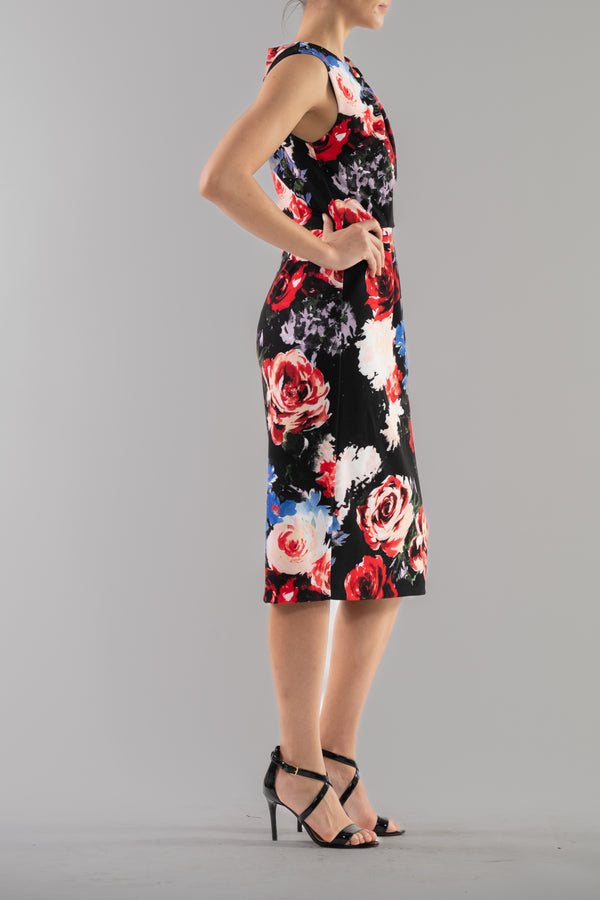 Julia Jordan DONNA RICCO - SLEEVELESS TWIST FRONT KEYHOLE MIDI DRESS BLACK MULTI