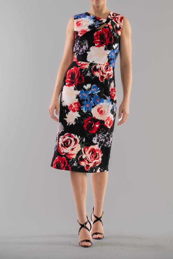 Julia Jordan DONNA RICCO - SLEEVELESS TWIST FRONT KEYHOLE MIDI DRESS BLACK MULTI