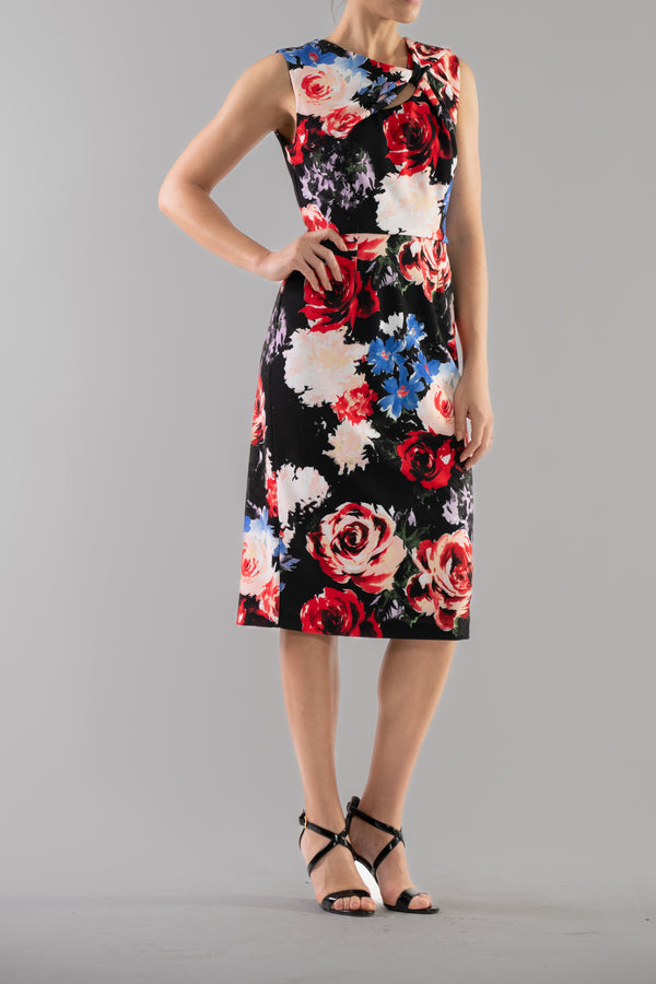 julia jordan DONNA RICCO - SLEEVELESS TWIST FRONT KEYHOLE MIDI DRESS BLACK MULTI