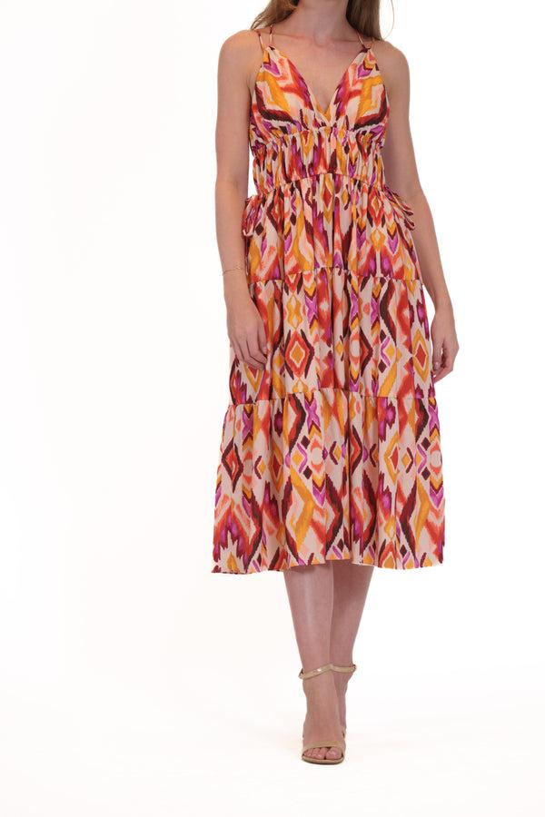 Julia Jordan DONNA RICCO - SLEEVELESS V NECK ELASTIC WAIST TIERED DRESS ORANGE MULTI