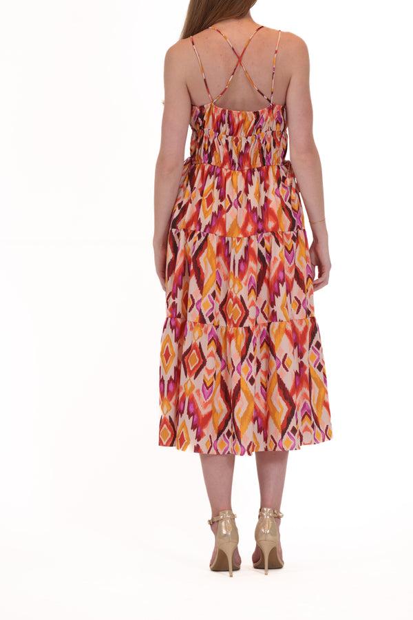 Julia Jordan DONNA RICCO - SLEEVELESS V NECK ELASTIC WAIST TIERED DRESS ORANGE MULTI