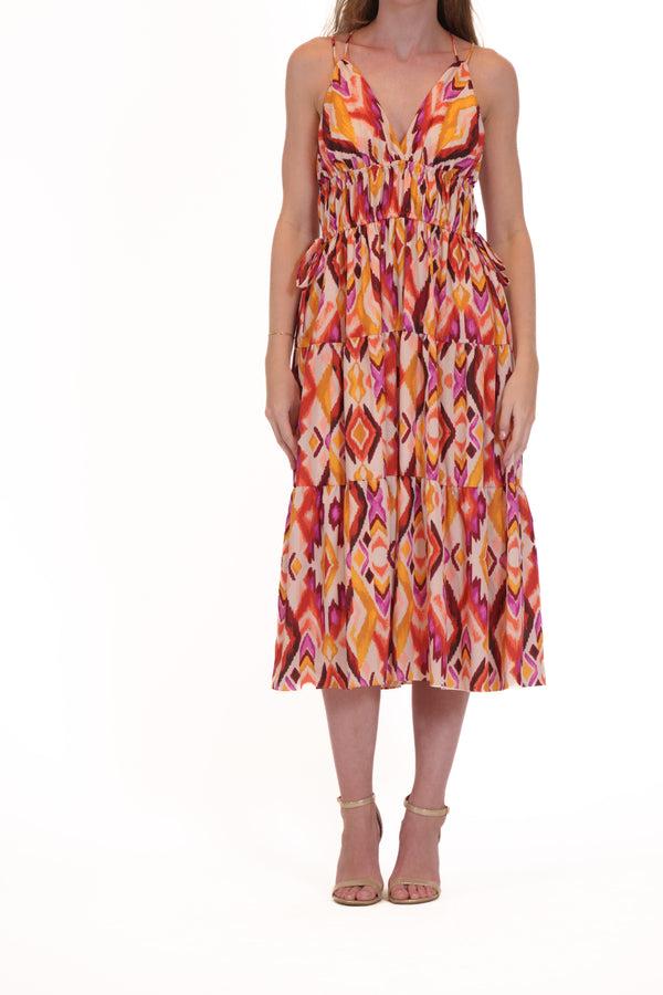julia jordan DONNA RICCO - SLEEVELESS V NECK ELASTIC WAIST TIERED DRESS ORANGE MULTI