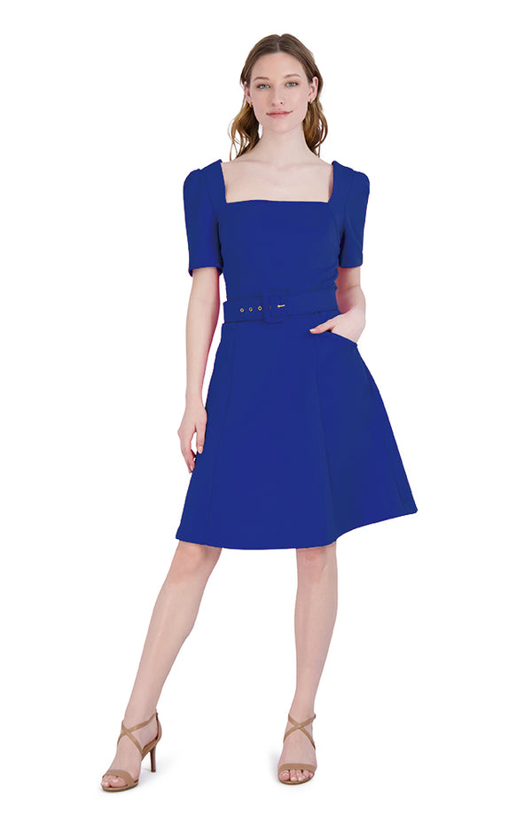 Julia Jordan DONNA RICCO - SQUARE NECK BELT DRESS SAPPHIRE