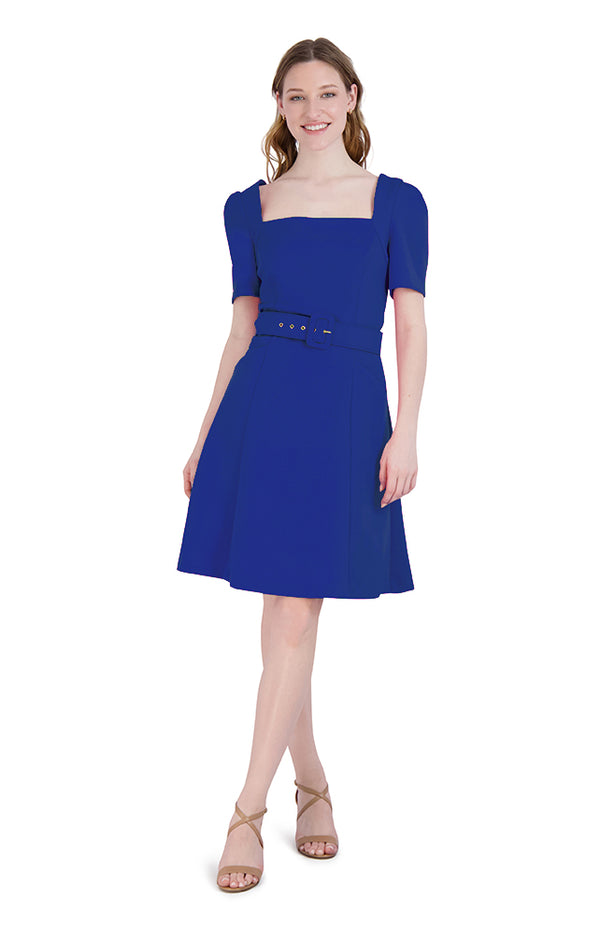 julia jordan DONNA RICCO - SQUARE NECK BELT DRESS SAPPHIRE