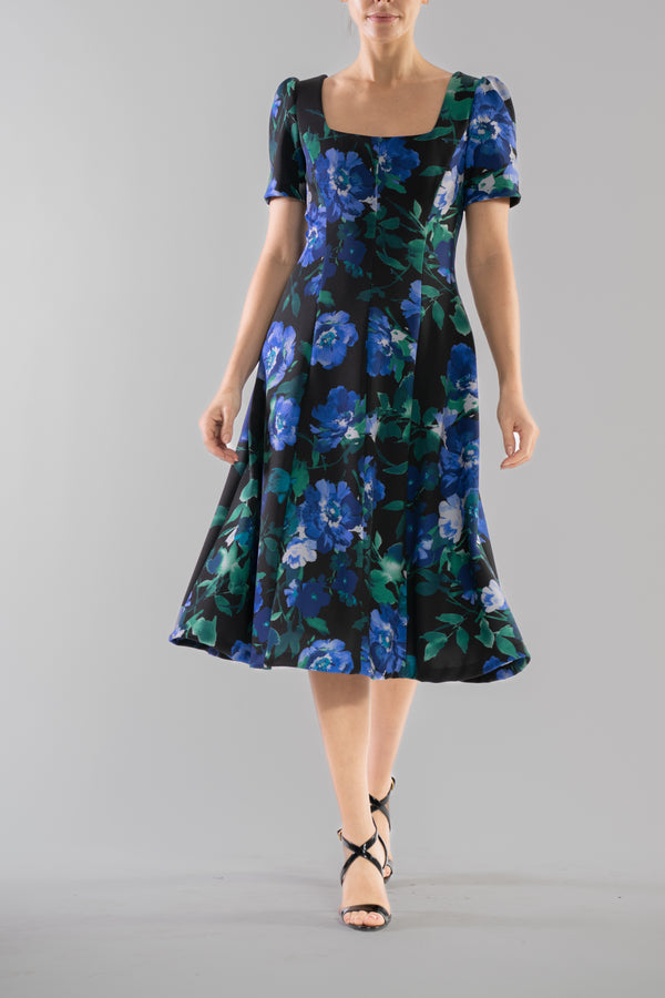 Julia Jordan DONNA RICCO - SQUARE NECK PUFF SHOULDER MIDI DRESS BLUE GREEN