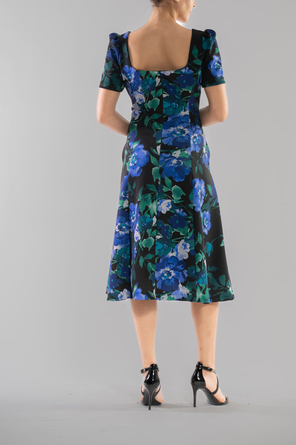 Julia Jordan DONNA RICCO - SQUARE NECK PUFF SHOULDER MIDI DRESS BLUE GREEN