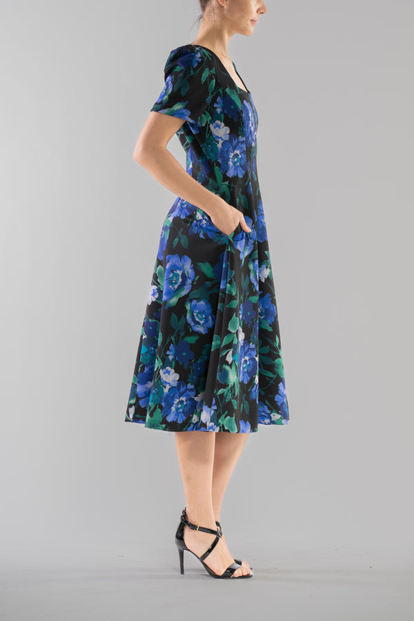 Julia Jordan DONNA RICCO - SQUARE NECK PUFF SHOULDER MIDI DRESS BLUE GREEN