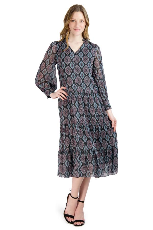 julia jordan DONNA RICCO - TIER MIDI DRESS BLACK MULTI