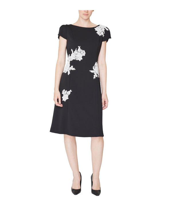 julia jordan DONNA RICCO - TULIP SLEEVE FIT & FLARE BLACK IVORY