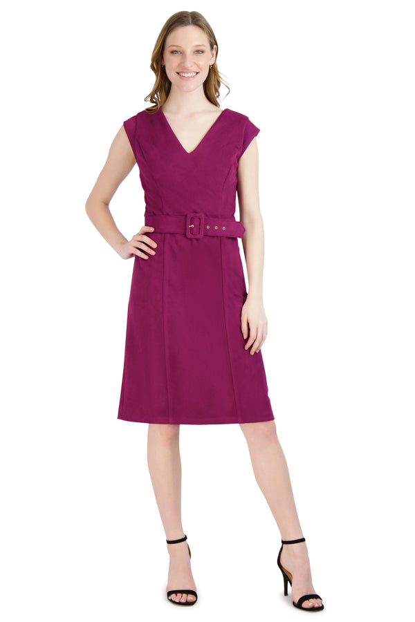 julia jordan DONNA RICCO - V NECK DRESS WITH SELF COVERED BELT BURGUNDY