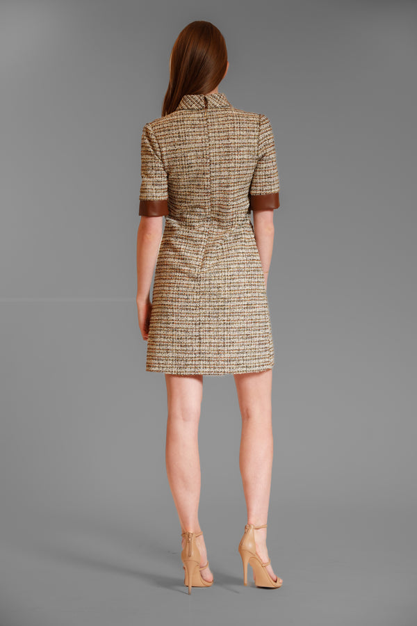 Julia Jordan FAUX LEATHER DETAILING SHORT SLV DRESS BROWN MULTI