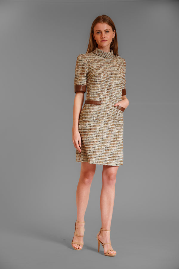 julia jordan FAUX LEATHER DETAILING SHORT SLV DRESS BROWN MULTI