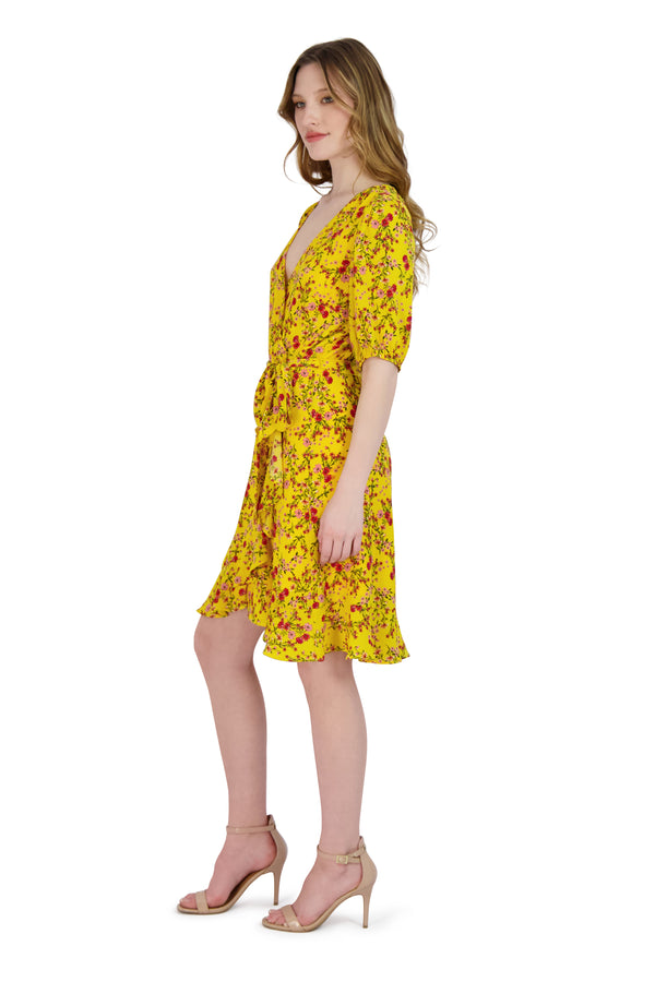 Julia Jordan Faux Wrap Ruffle Skirt Printed Georgette Yellow Multi