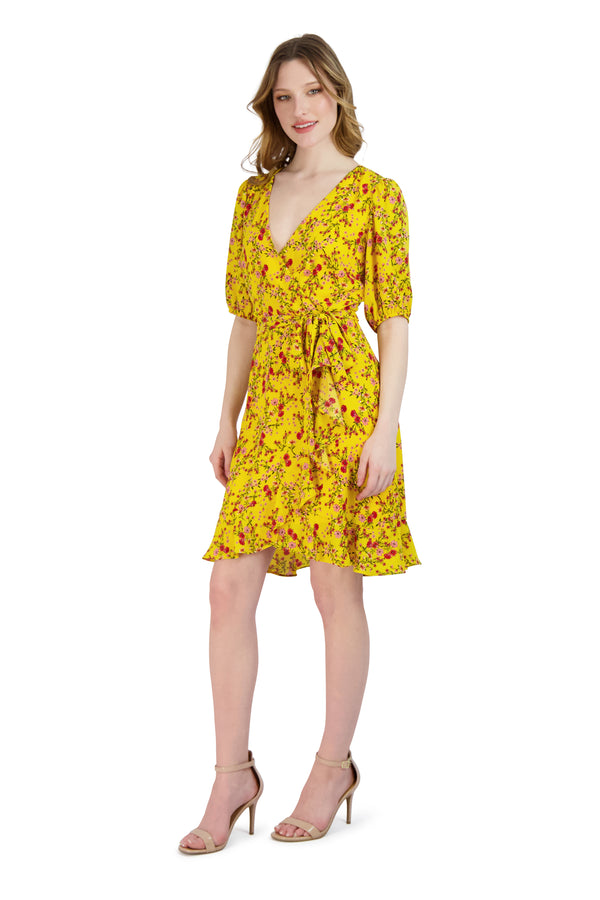 Julia Jordan Faux Wrap Ruffle Skirt Printed Georgette Yellow Multi