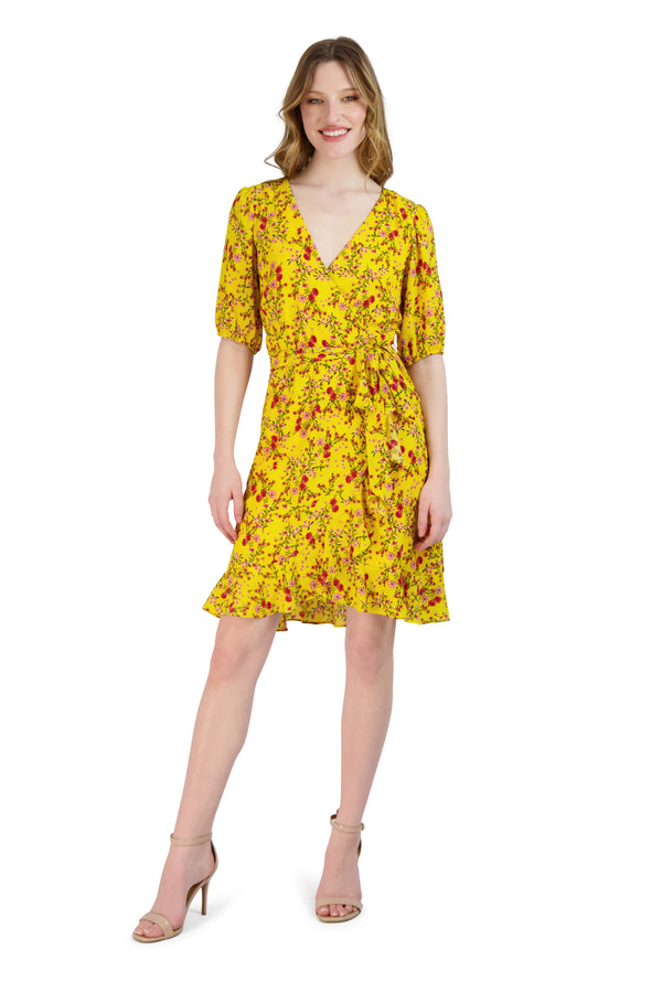 julia jordan Faux Wrap Ruffle Skirt Printed Georgette Yellow Multi