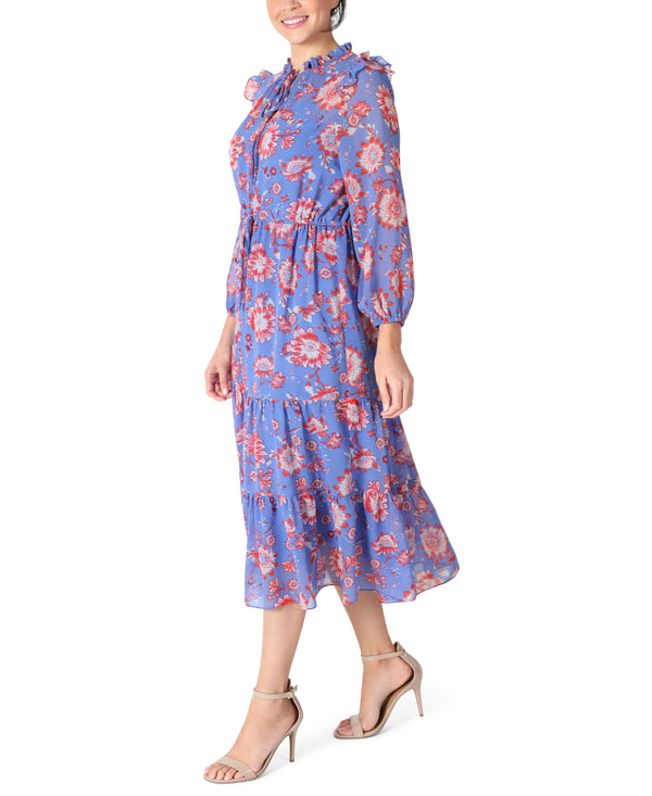 Julia Jordan Floral Chiffon Tiered Midi Drawstring Waist Blue Multi