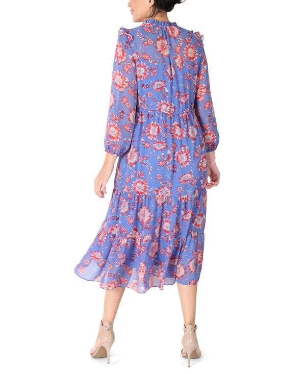 Julia Jordan Floral Chiffon Tiered Midi Drawstring Waist Blue Multi