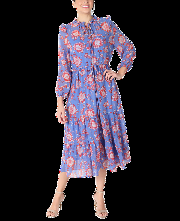 julia jordan Floral Chiffon Tiered Midi Drawstring Waist Blue Multi