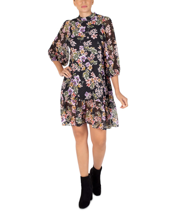 Julia Jordan Floral Print Chiffon Shift Dress Black Multi