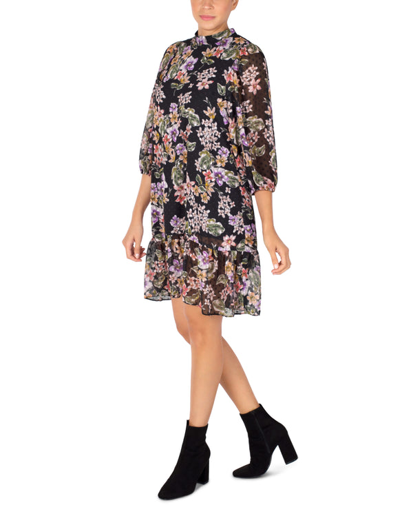 Julia Jordan Floral Print Chiffon Shift Dress Black Multi