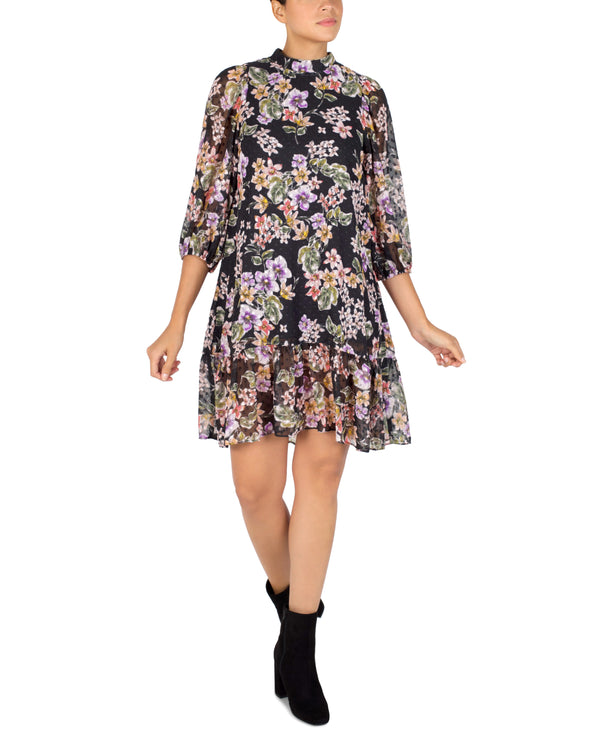 julia jordan Floral Print Chiffon Shift Dress Black Multi
