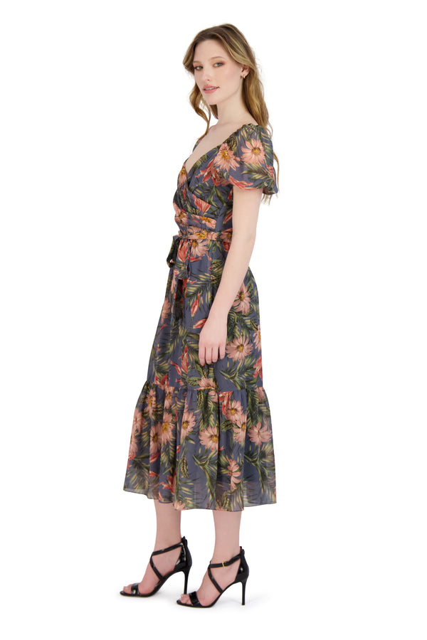 Julia Jordan Floral Sweetheart Neck Dress Grey Multi