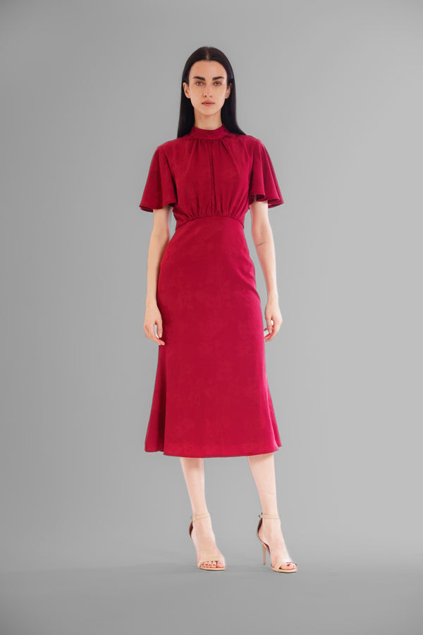 julia jordan FLOUNCE SLV MIDI DRESS W ROUCHED WAIST RED