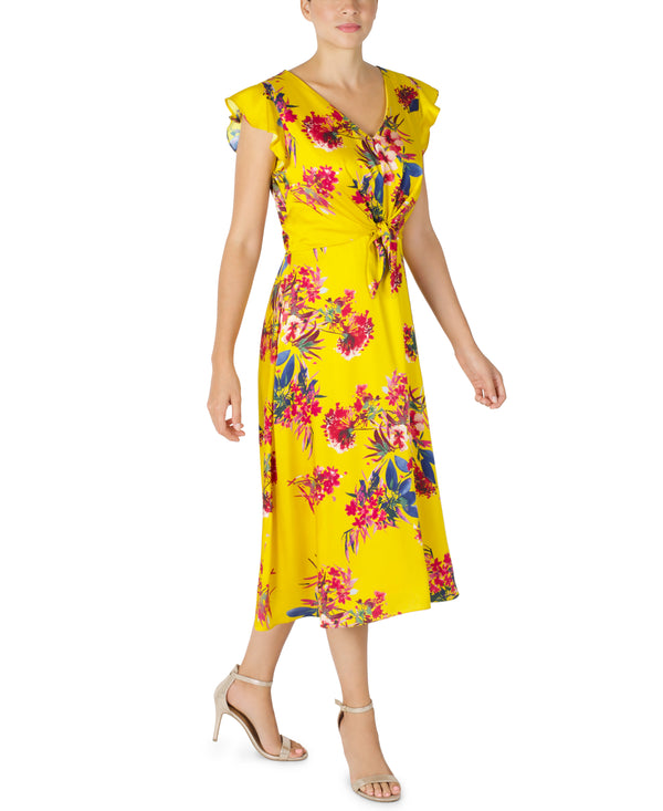 Julia Jordan Flutter Sleeve French Twill Midi Dress Yellow/Multi