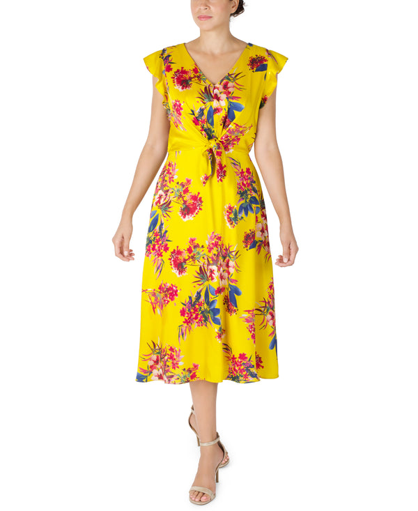 julia jordan Flutter Sleeve French Twill Midi Dress Yellow/Multi