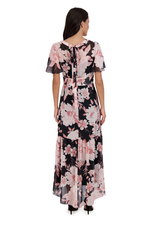 Julia Jordan Flutter Sleeve High Low Maxi Dress Black Multi