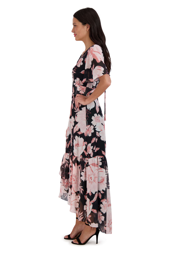 Julia Jordan Flutter Sleeve High Low Maxi Dress Black Multi