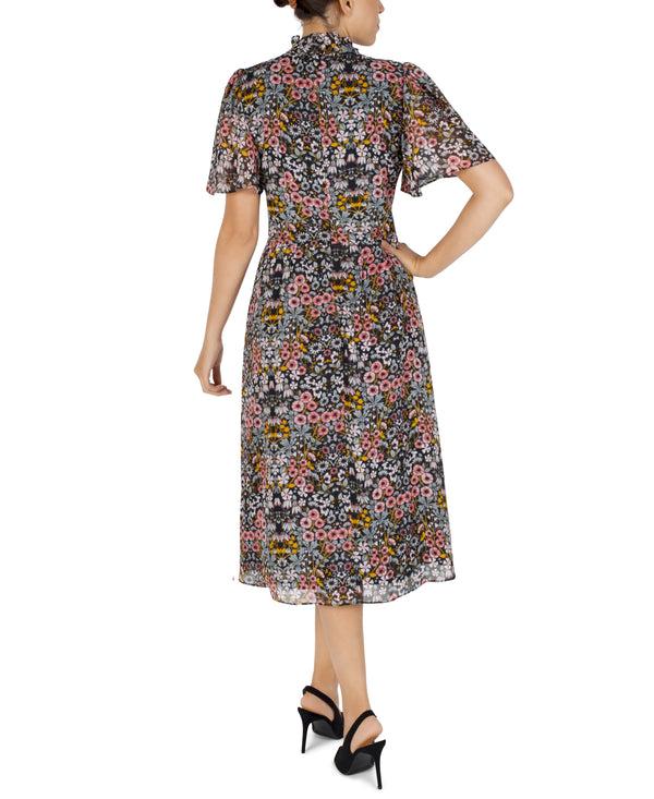 Julia Jordan Flutter Sleeve Ruffle Mock Neck Midi Black Multi