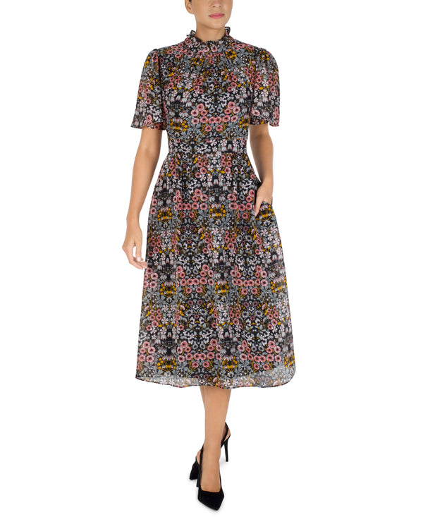 julia jordan Flutter Sleeve Ruffle Mock Neck Midi Black Multi