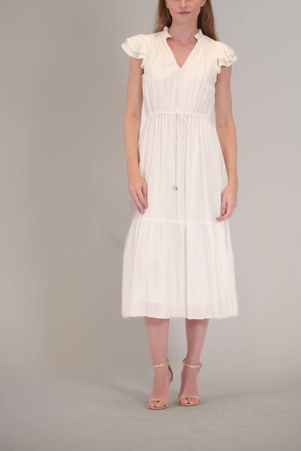 Julia Jordan FLUTTER SLEEVE V NECK WAIST TIE MIDI DRESS IVORY