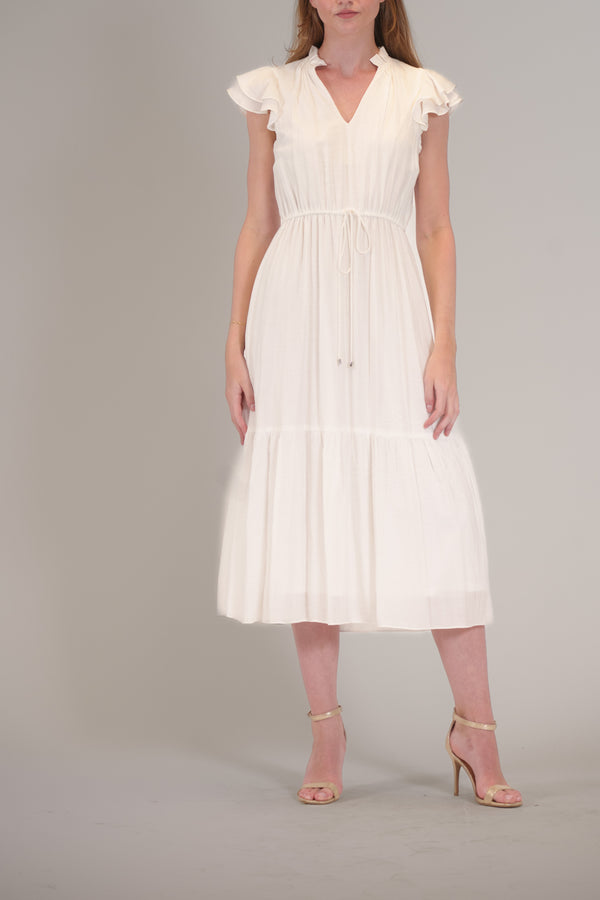 julia jordan FLUTTER SLEEVE V NECK WAIST TIE MIDI DRESS IVORY