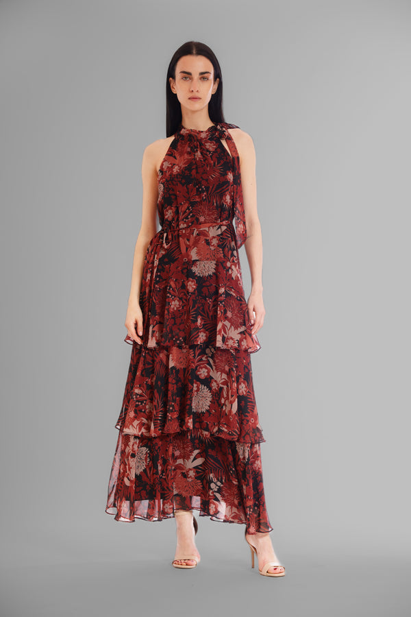 Julia Jordan HALTER DRESS W HIGH NECK & TIERED SKIRT BLACK MULTI