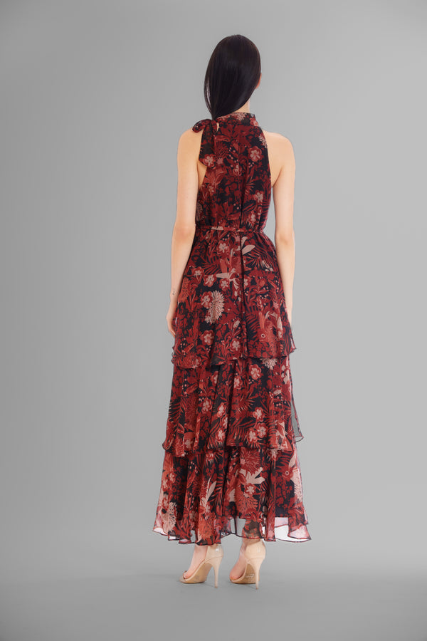 Julia Jordan HALTER DRESS W HIGH NECK & TIERED SKIRT BLACK MULTI