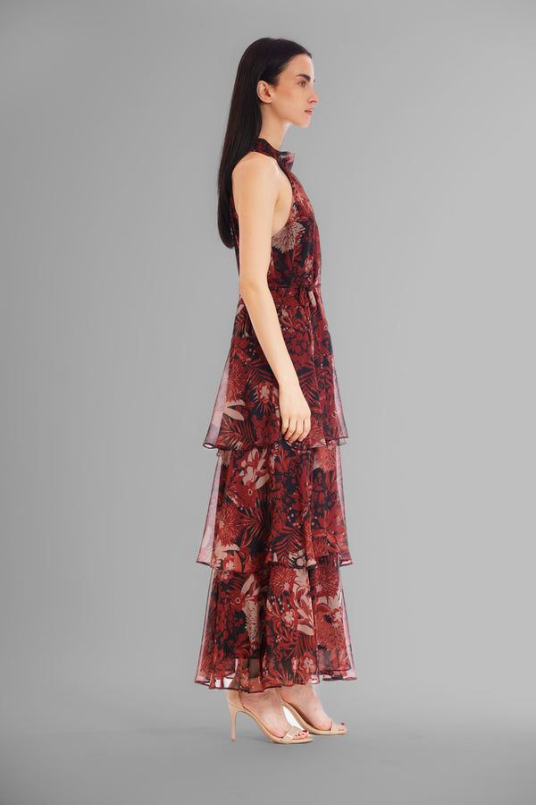 Julia Jordan HALTER DRESS W HIGH NECK & TIERED SKIRT BLACK MULTI