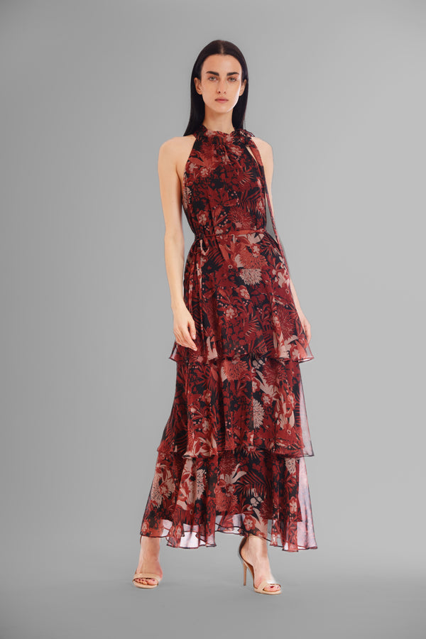 julia jordan HALTER DRESS W HIGH NECK & TIERED SKIRT BLACK MULTI