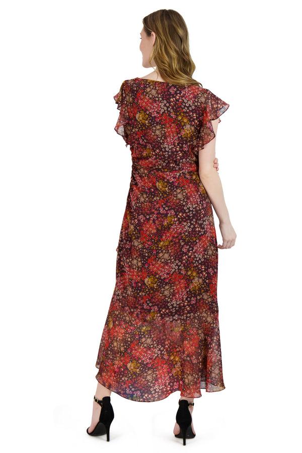 Julia Jordan Halter Neck Asymmetrical Hem Dress Burgundy Multi