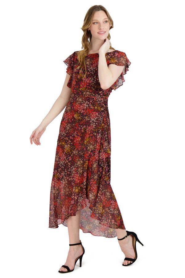 Julia Jordan Halter Neck Asymmetrical Hem Dress Burgundy Multi