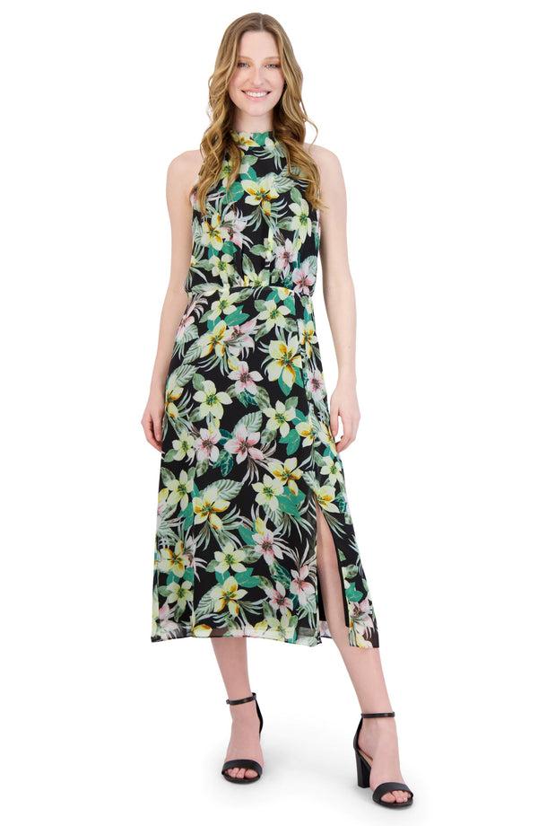 julia jordan HALTER NECK TIE DROP WAIST MIDI Black Multi