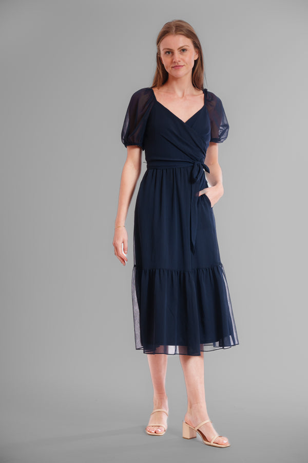 Julia Jordan 1PC SS SURPLICE MIDI DRESS NAVY