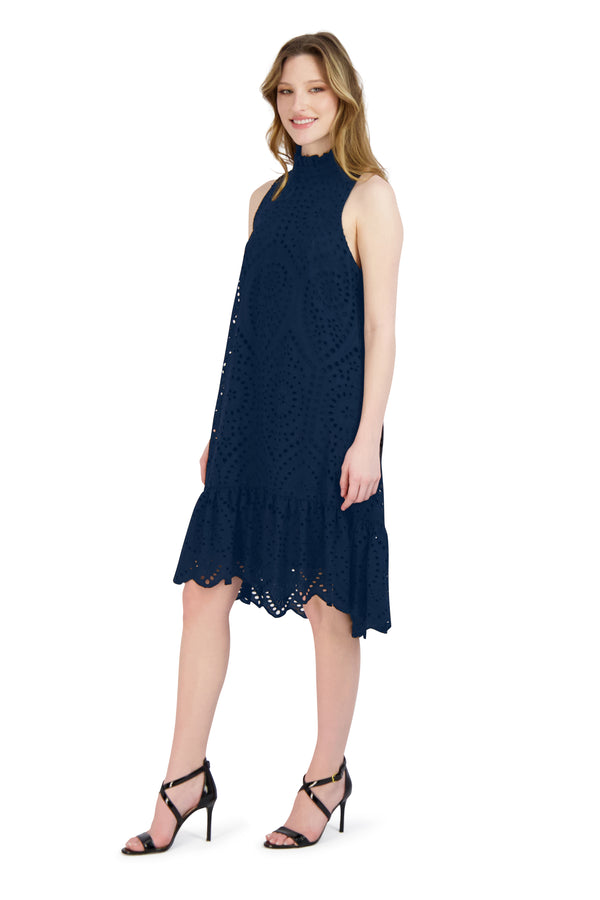 Julia Jordan Cotton Eyelet Ruffle Swing Dress Navy