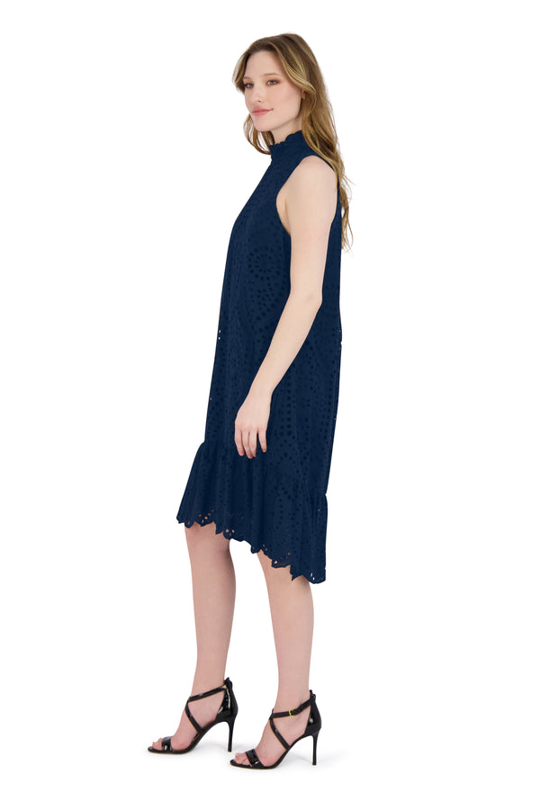 Julia Jordan Cotton Eyelet Ruffle Swing Dress Navy