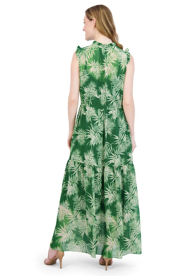 Julia Jordan Drawstring Tiered Dress Green Ivory