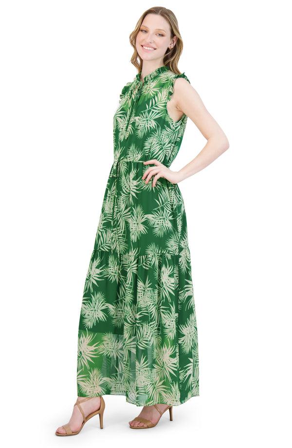 Julia Jordan Drawstring Tiered Dress Green Ivory